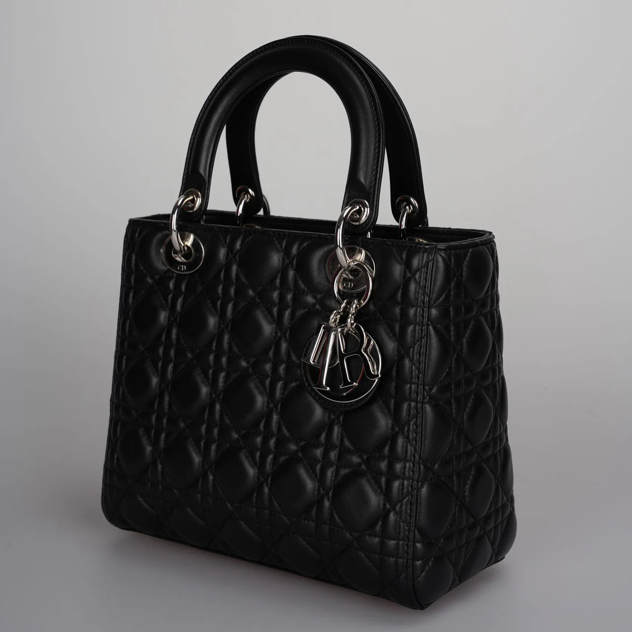used-Christian Dior Black Medium Lady Dior Bag in Cannage Lambskin Leather with Silver Hardware-MILOURA