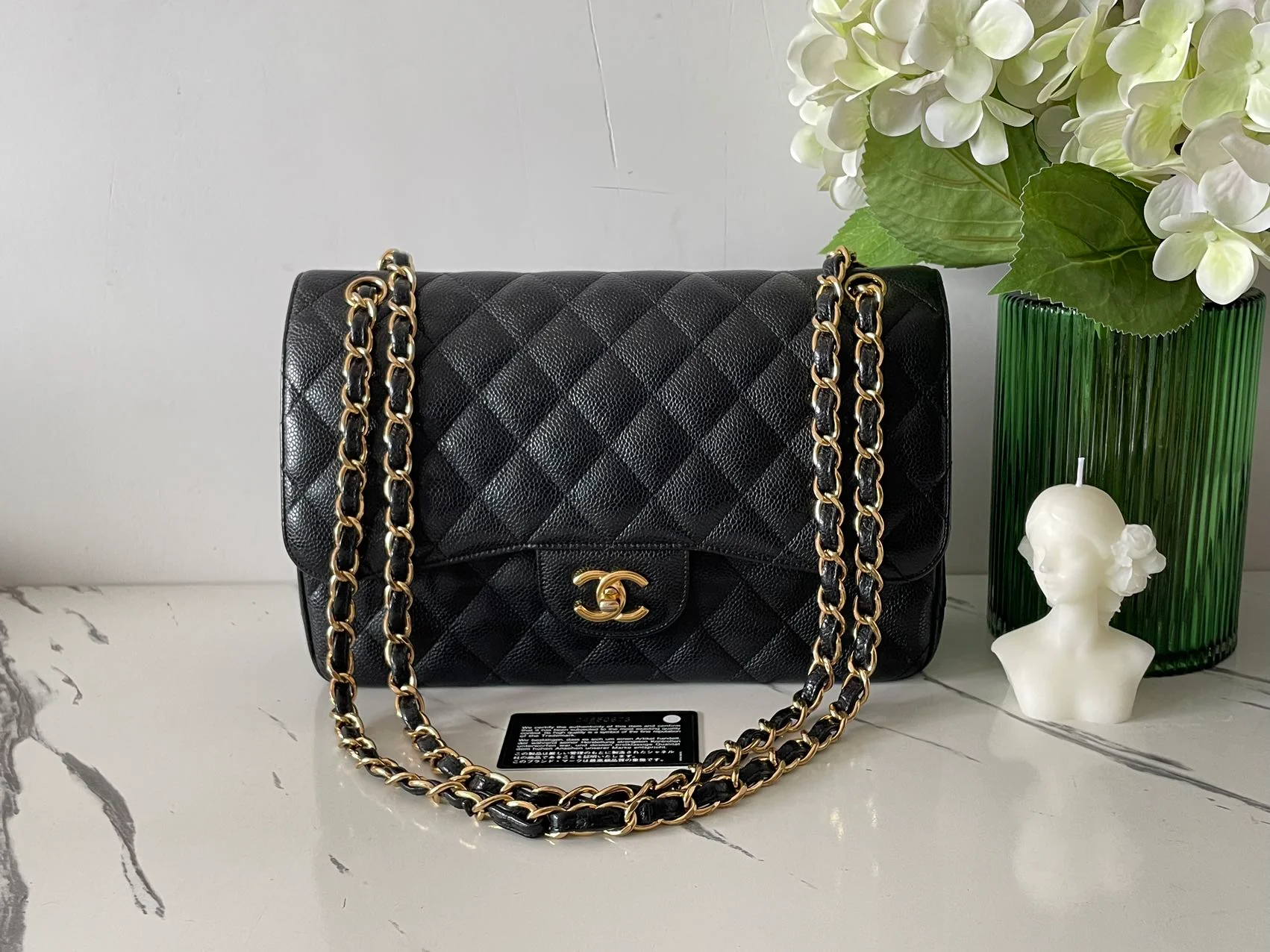 used-Chanel Black Jumbo Classic Double Flap Bag Caviar Leather with Gold Hardware-MILOURA