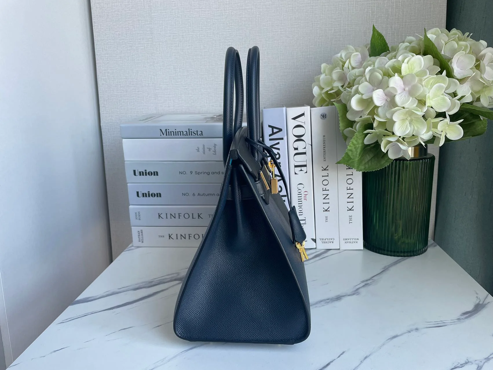 used-Hermes Birkin Bag 30 in Blue Indigo and Black Epsom Leather with Gold Hardware-MILOURA