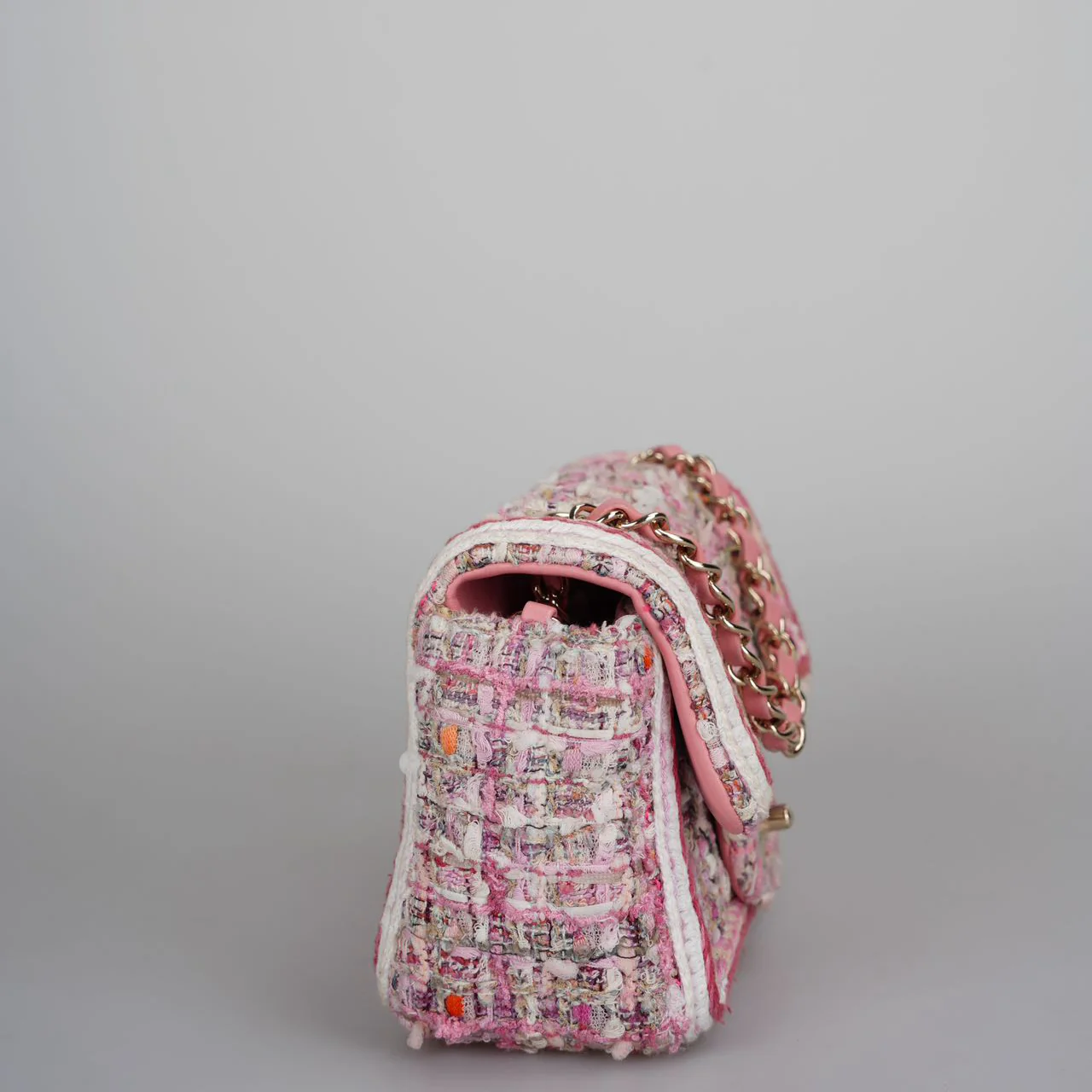 used-Chanel Timeless Tweed Mini Flap Bag in White and Pink With Gold Hardware-MILOURA