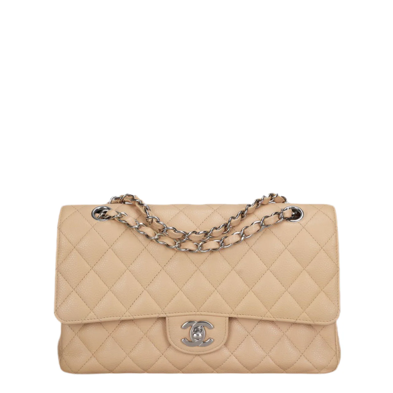 used-Chanel Beige Quilted Caviar Leather timeless Double Flap Bag medium-MILOURA