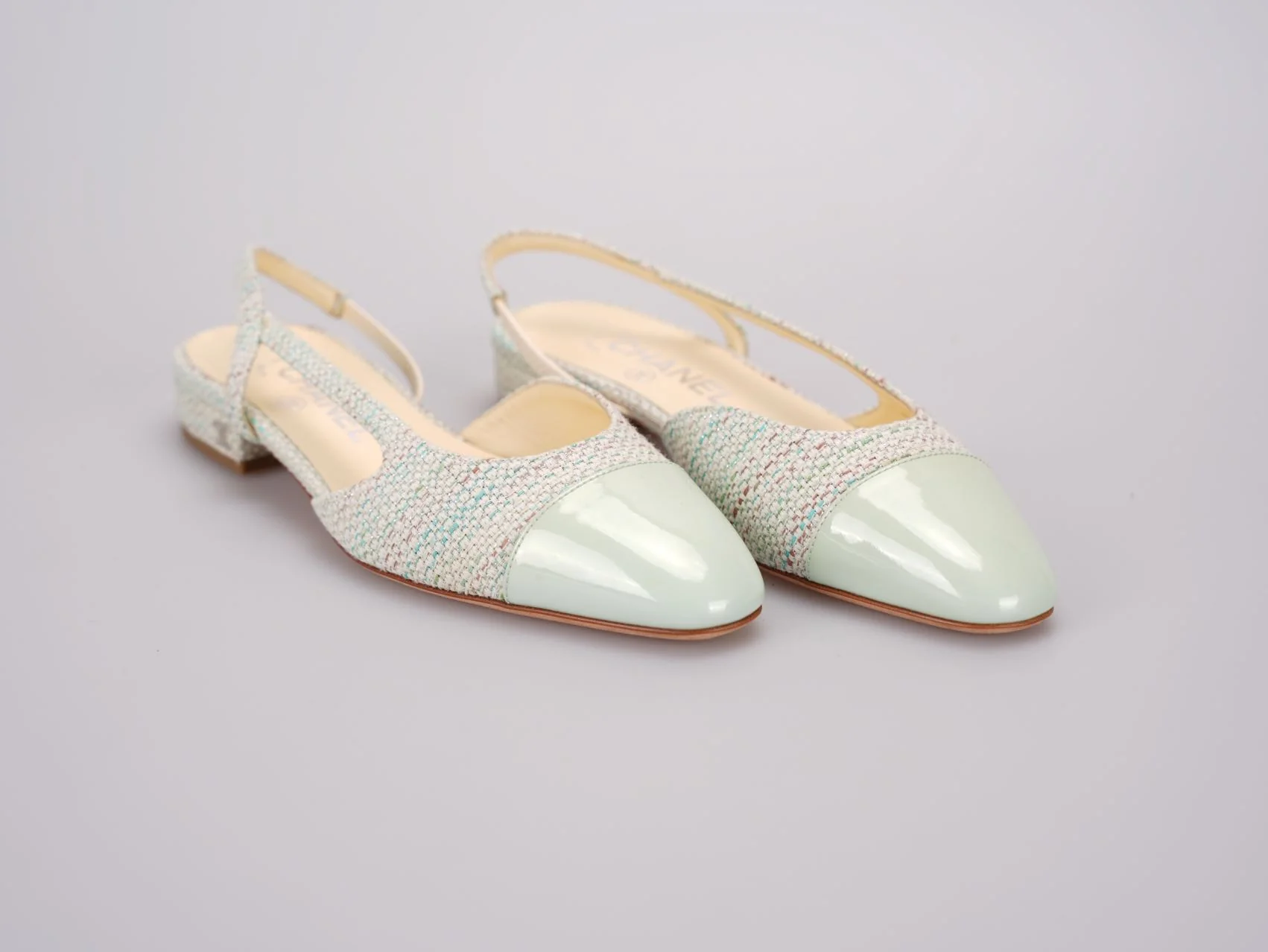 used-Chanel Light Green Tweed Slingback Patent Cap Toe Ballerinas 36-MILOURA
