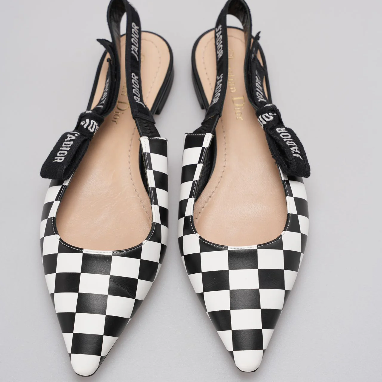 Christian Dior Calfskin Ribbon Checker Print J'Adior SlingBack Flats In Black and White Size 37