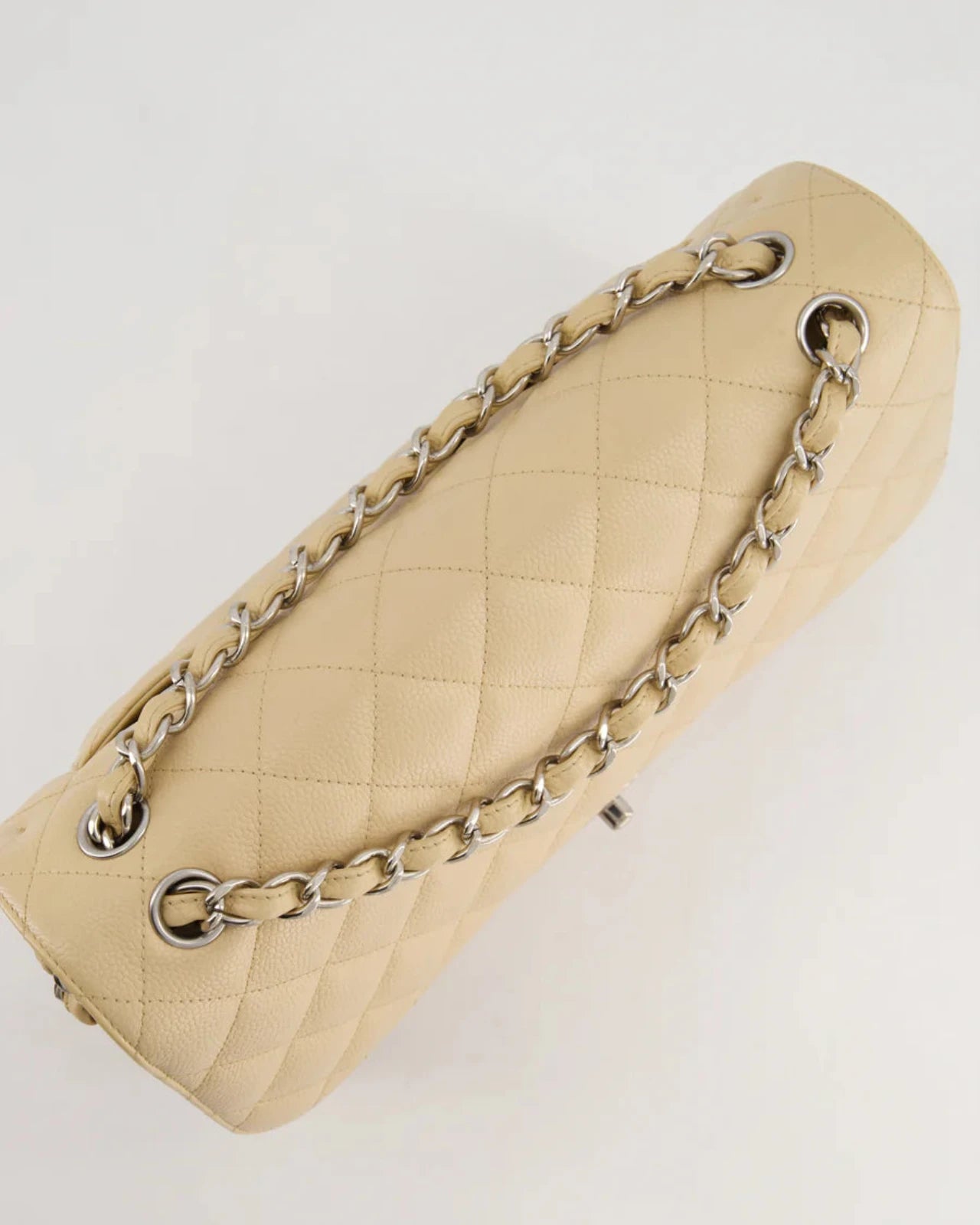 used-Chanel timeless Flap Bag Beige Jumbo size Caviar Leather with Silver Hardware-MILOURA
