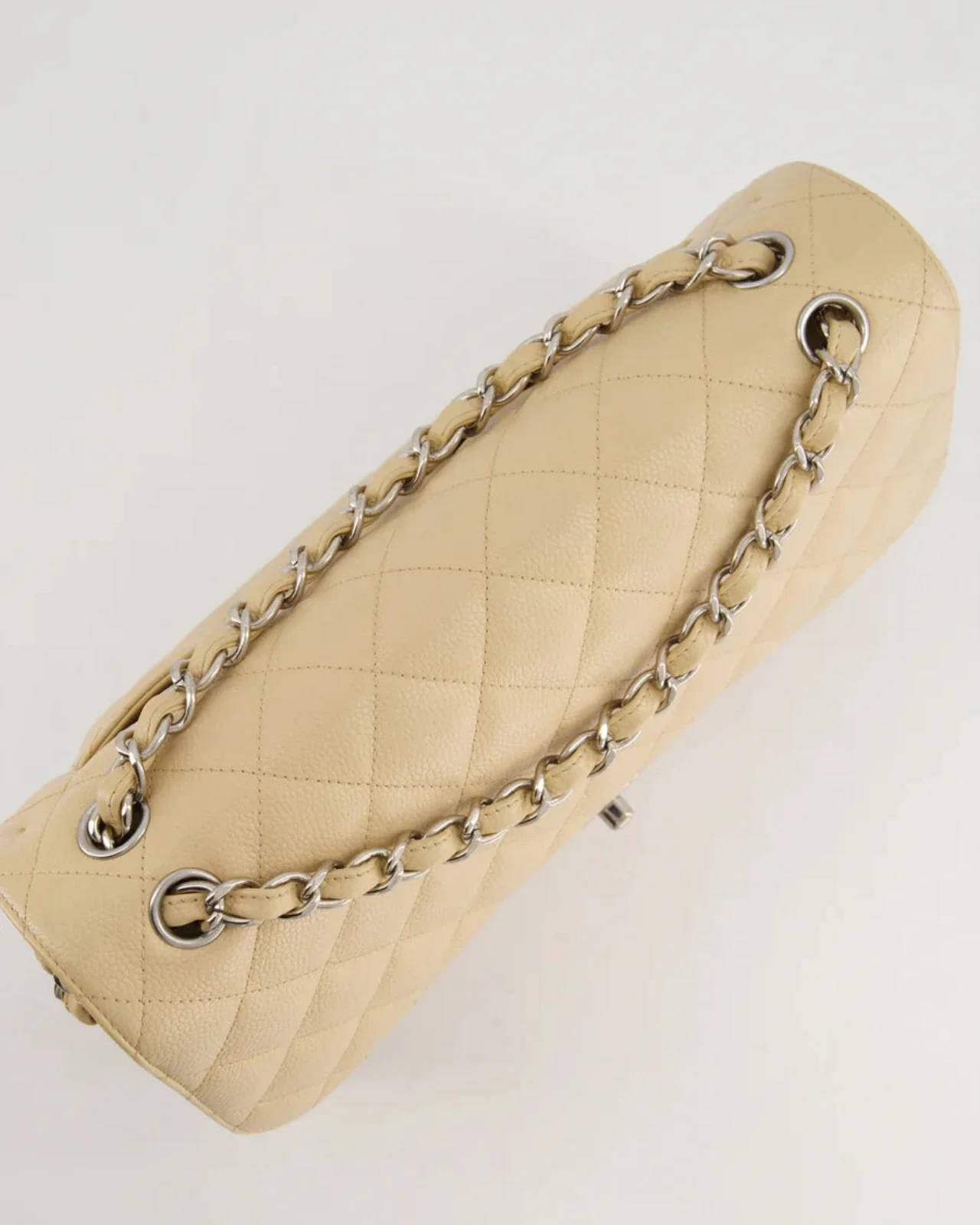 used-Chanel timeless Flap Bag Beige Jumbo size Caviar Leather with Silver Hardware-MILOURA