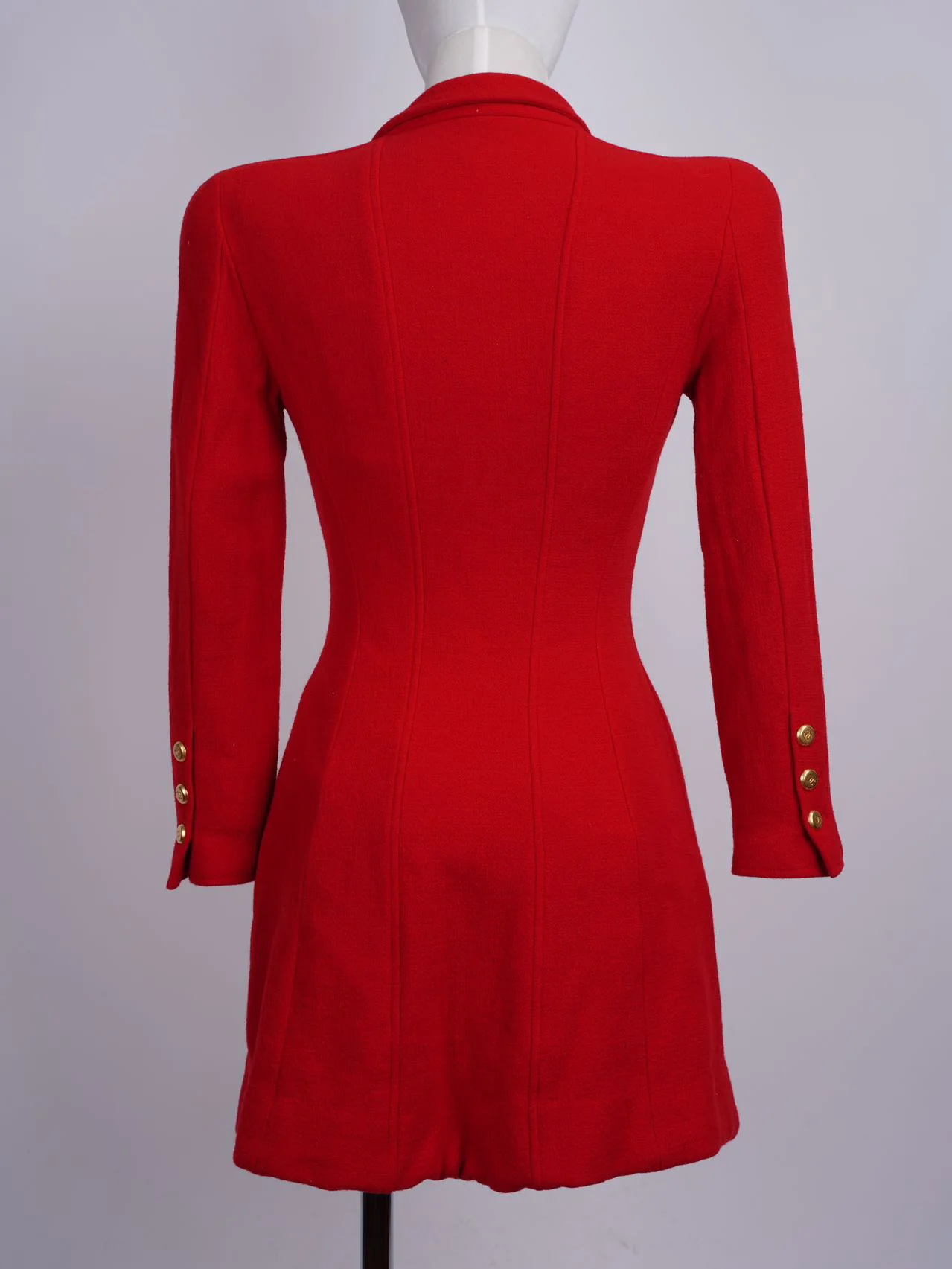 used-Chanel Vintage Red Jacket Dress with Gold CC Logo Button Details FR 38-MILOURA