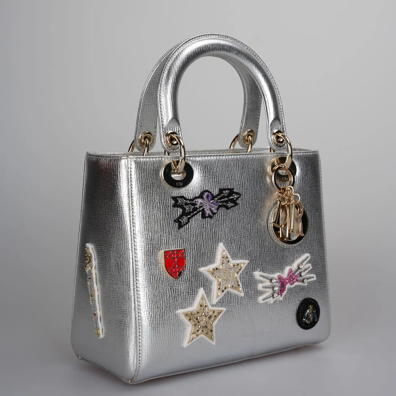 used-Christian Dior Leather Lady Dior Shoulder Bag in Silver-MILOURA