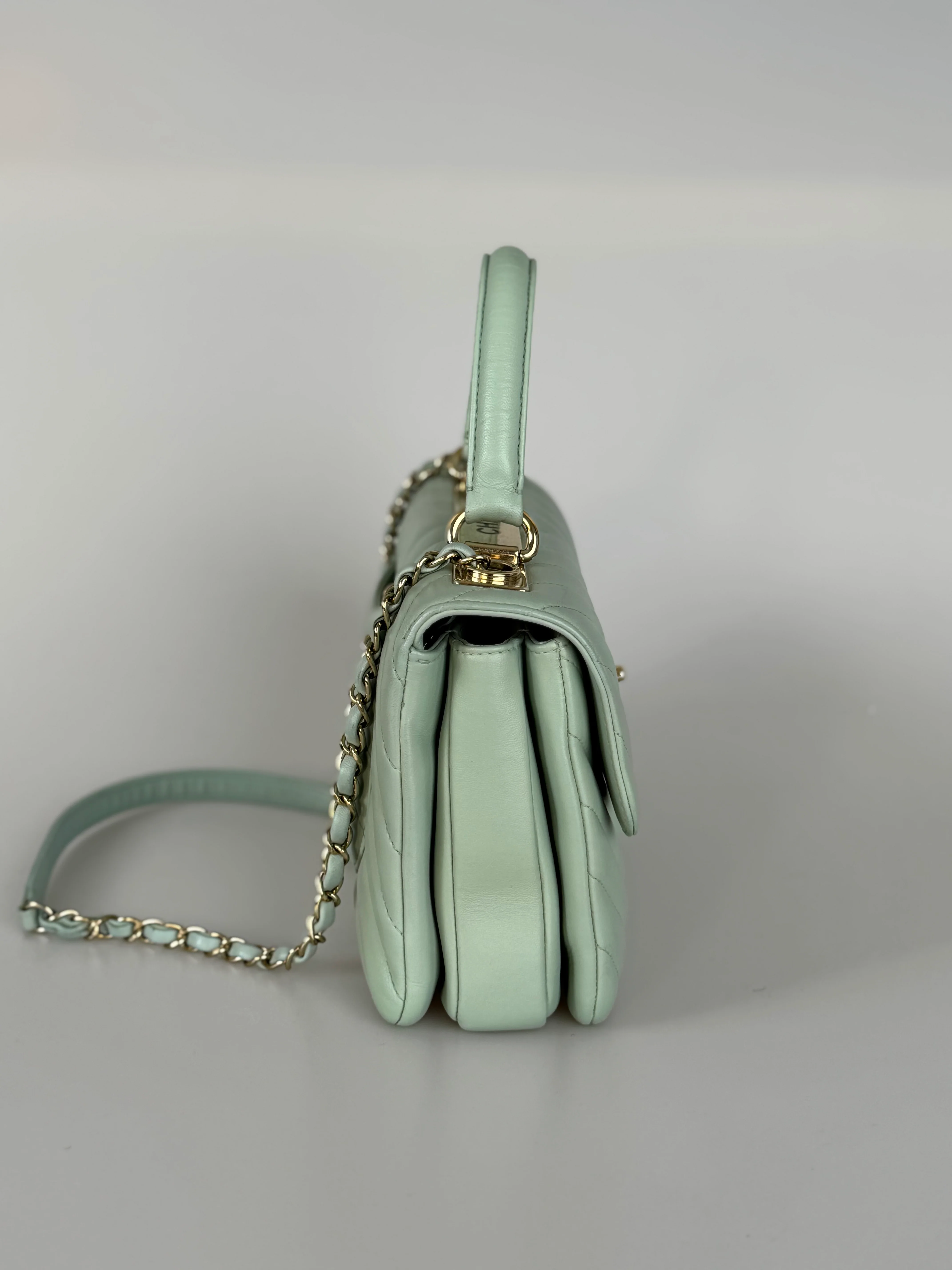 used-CHANEL Lambskin Chevron Quilted Small Trendy CC Dual Handle Flap Bag Light Green-MILOURA