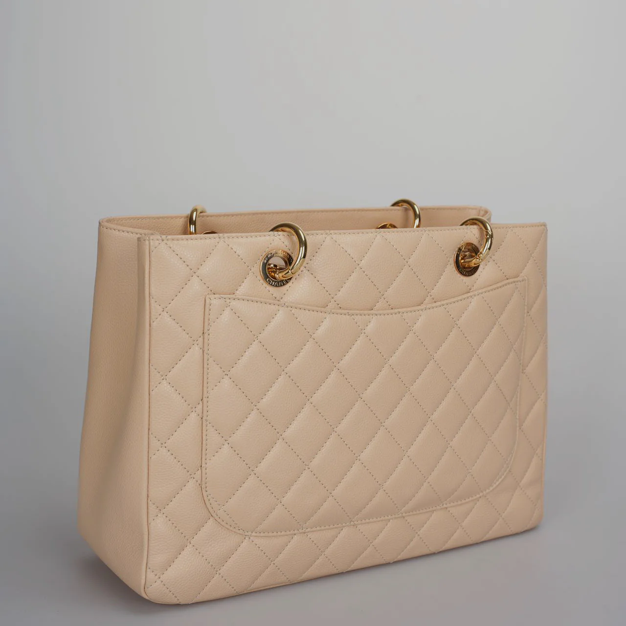 used-Chanel Beige Grand Shopping Tote GST Bag in Caviar Leather with gold Hardware-MILOURA