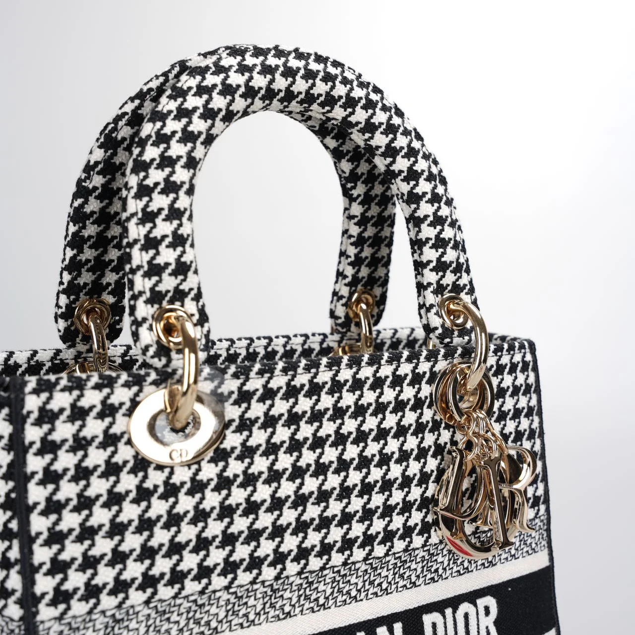used-Christian Dior Black White Houndstooth Canvas Medium Lady D-Lite bag-MILOURA