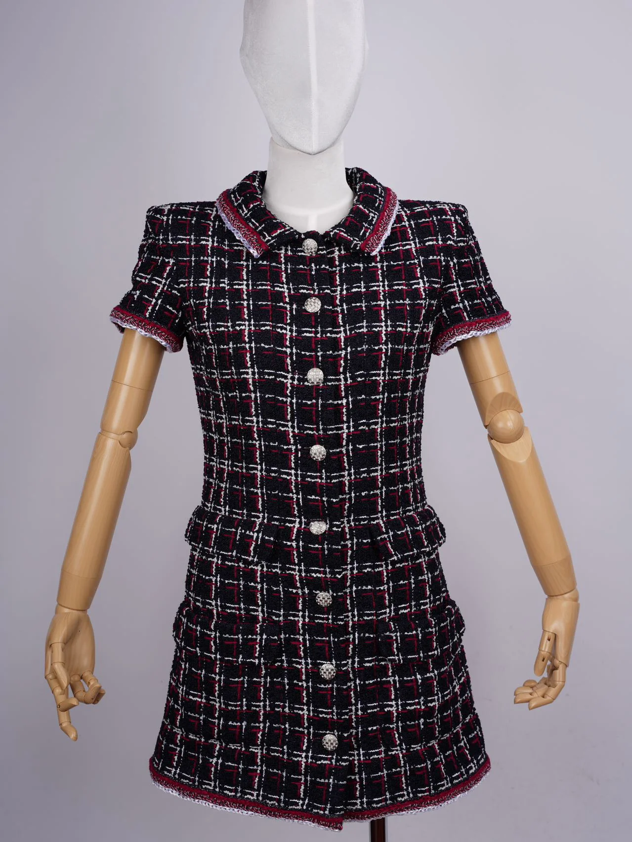 used-Chanel Checkered Tweed Short Sleeve Mini Dress Size 36 in Blue/Red-MILOURA