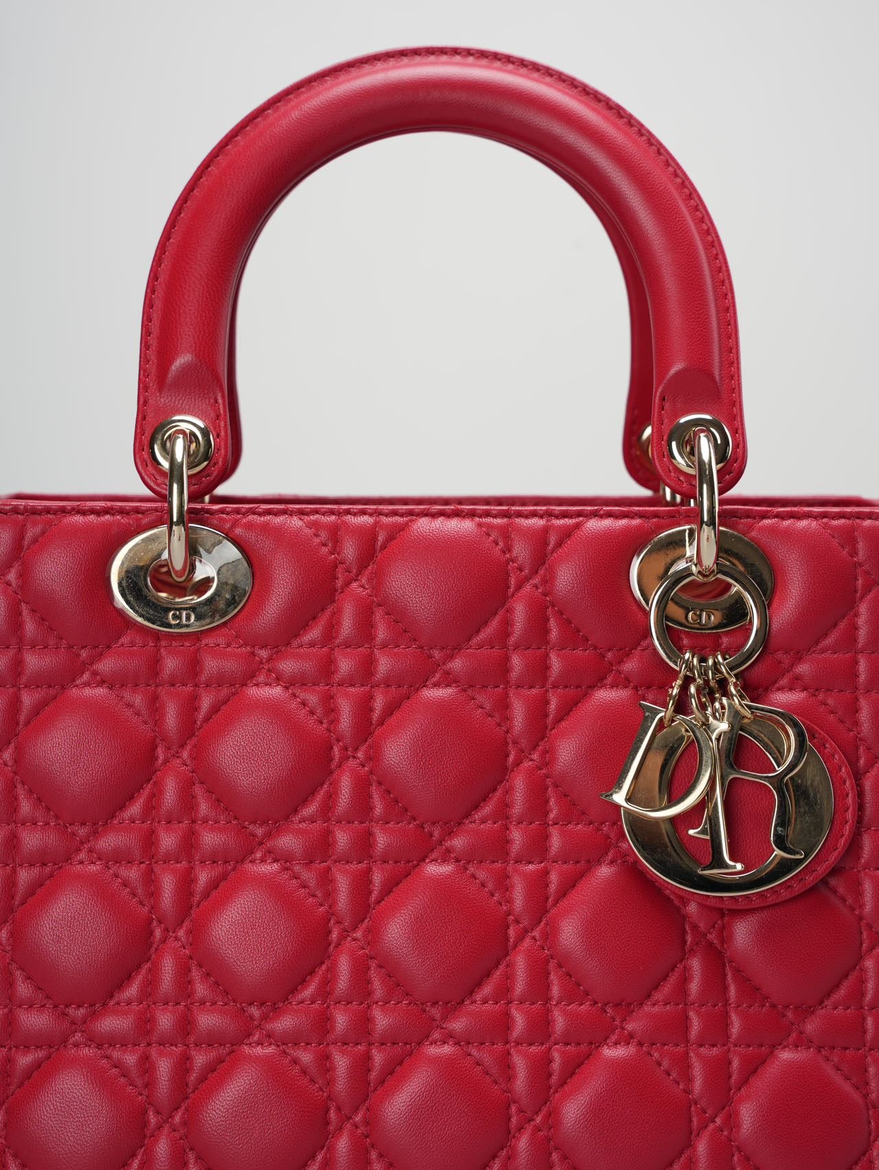 used-Christian Dior Red Medium Lady Dior Bag in Cannage Lambskin Leather with Gold Hardware-MILOURA