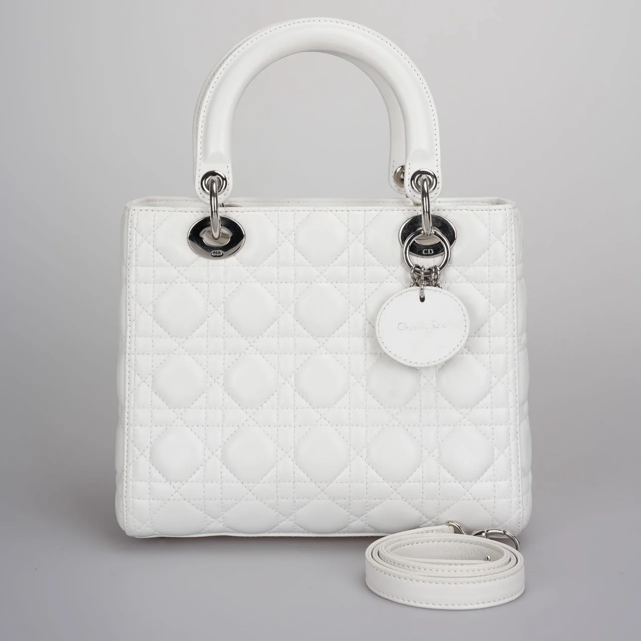 used-Christian Dior White Medium Lady Dior Bag in Cannage Lambskin Leather with Silver Hardware-MILOURA