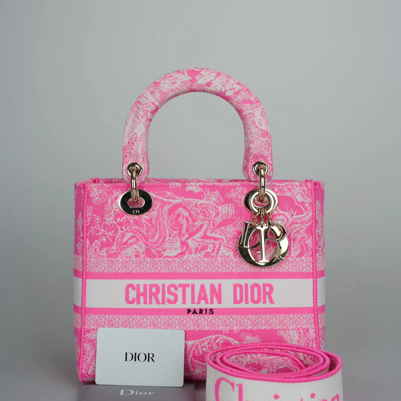 used-Christian Dior Canvas Toile De Jouy Reverse Embroidered Medium Lady D-Lite in Fluorescent Pink-MILOURA