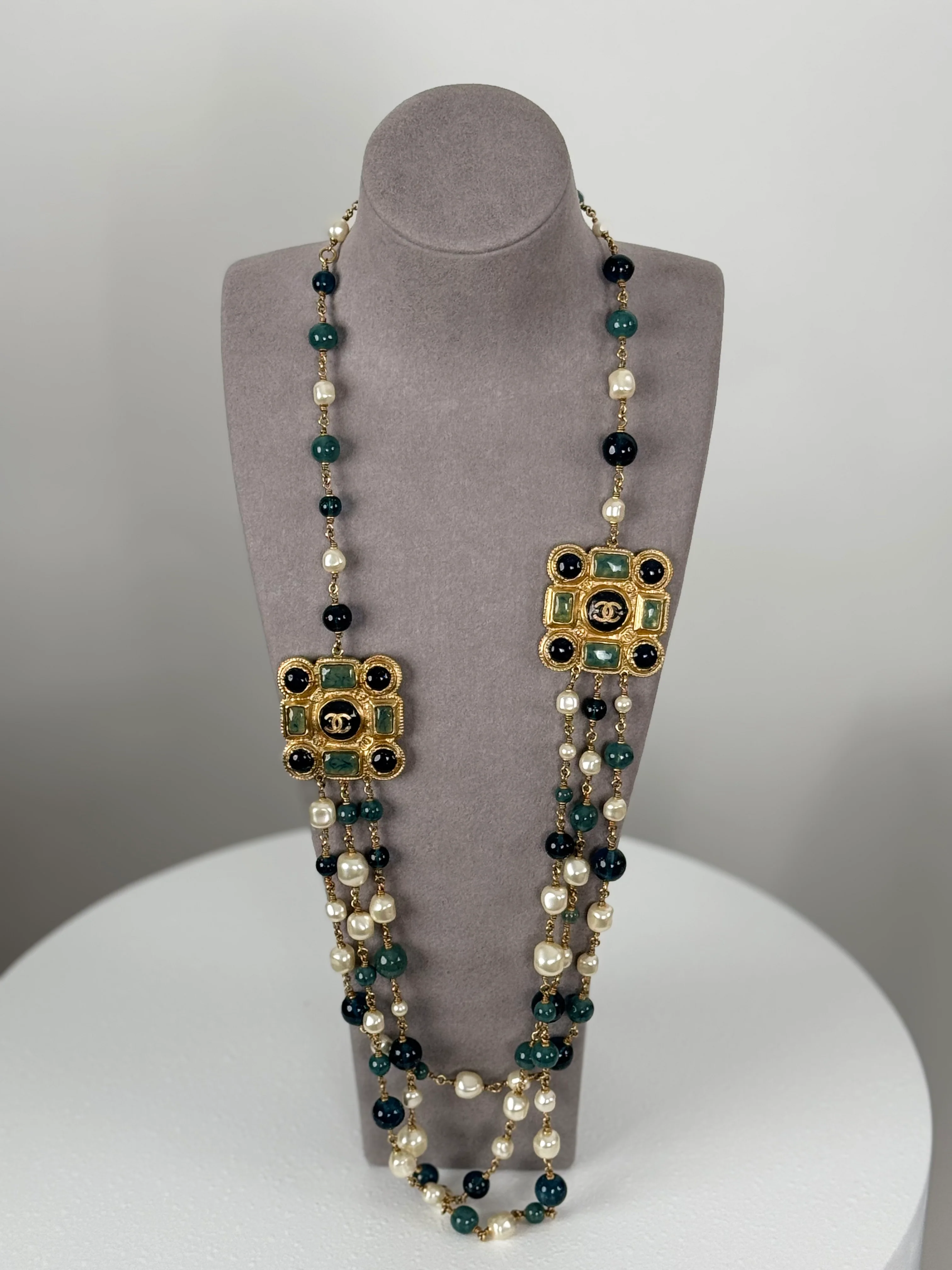 used-Chanel Blue and White Multi-Beads with Two Gold Cabochons Necklace from 2011 collection-MILOURA