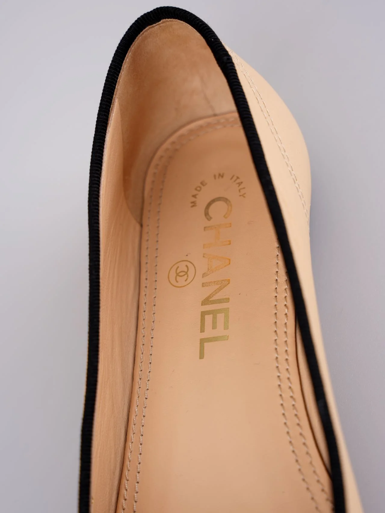used-Chanel CC Lambskin Cap Toe Ballerinas with Pearls Beige/Black 38C-MILOURA