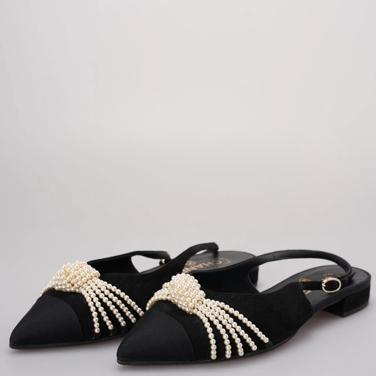 used-Chanel Slingback Satin Pearl Flats Black Size 37.5-MILOURA