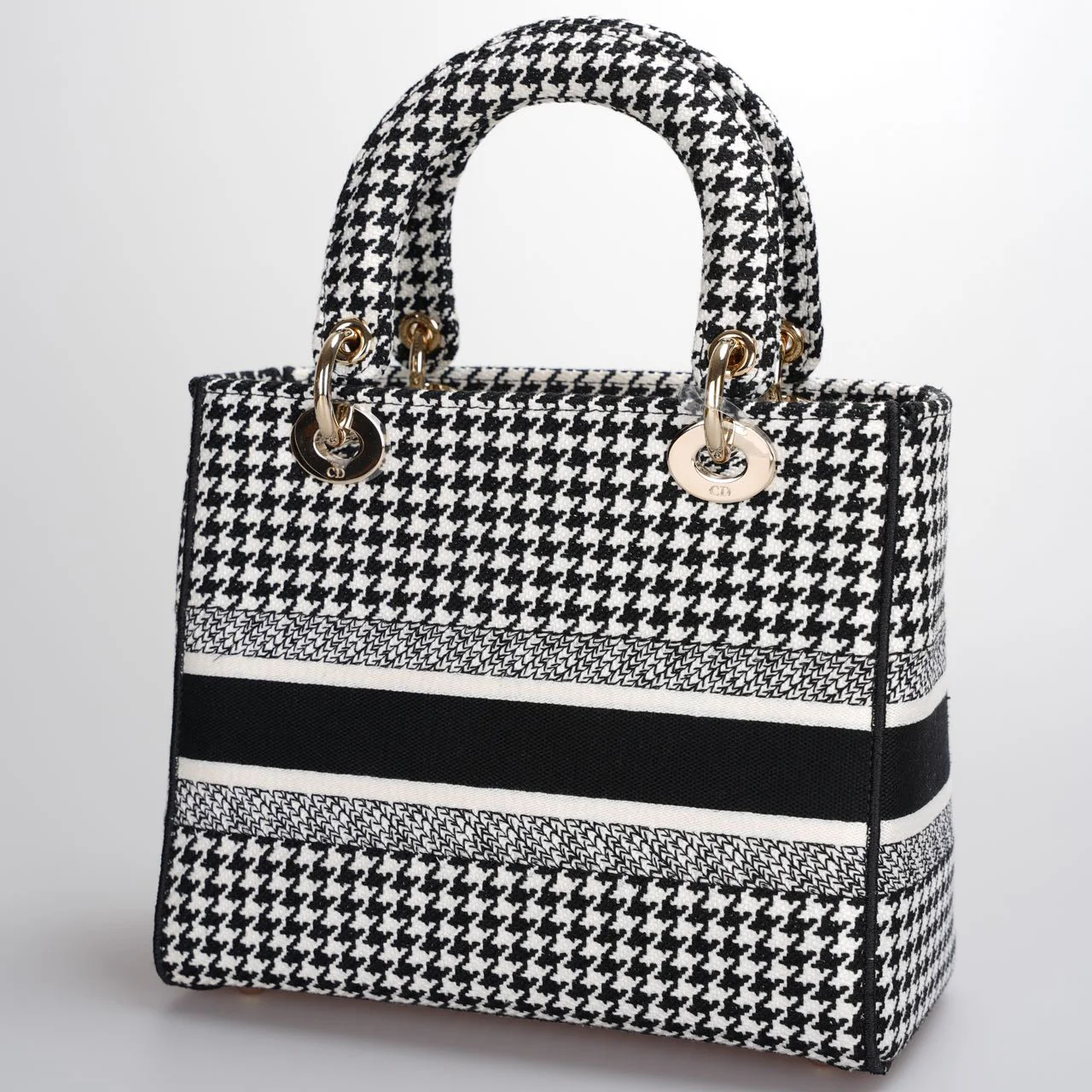 used-Christian Dior Black White Houndstooth Canvas Medium Lady D-Lite bag-MILOURA