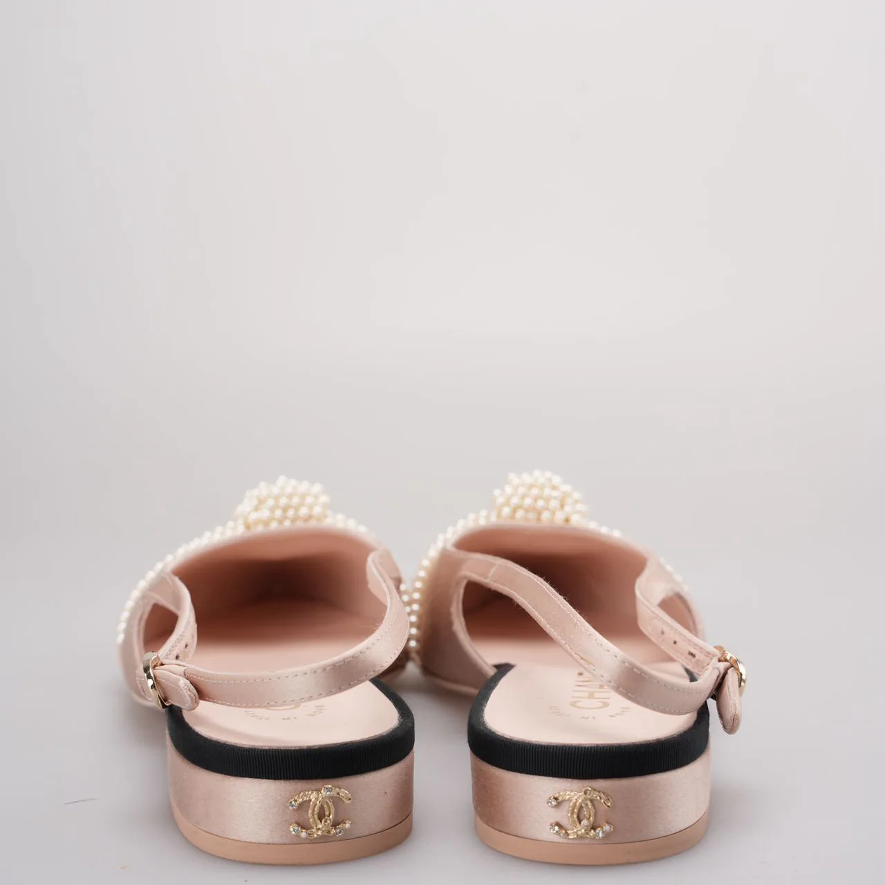used-Chanel Satin Grosgrain Pearl Slingback Flats Pink/Black Size 38-MILOURA