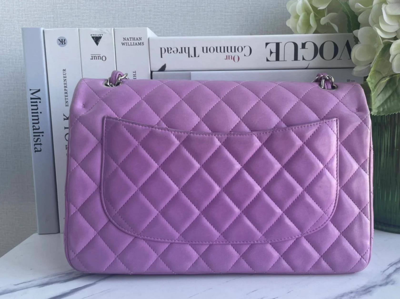 used-Chanel Purple Jumbo Classic Double Flap Bag in Lambskin Leather with Silver Hardware-MILOURA