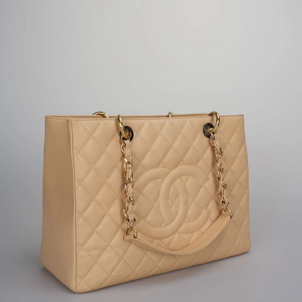 used-Chanel beige Grand Shopping Tote Beige GST Bag in Caviar Leather with Gold Hardware-MILOURA