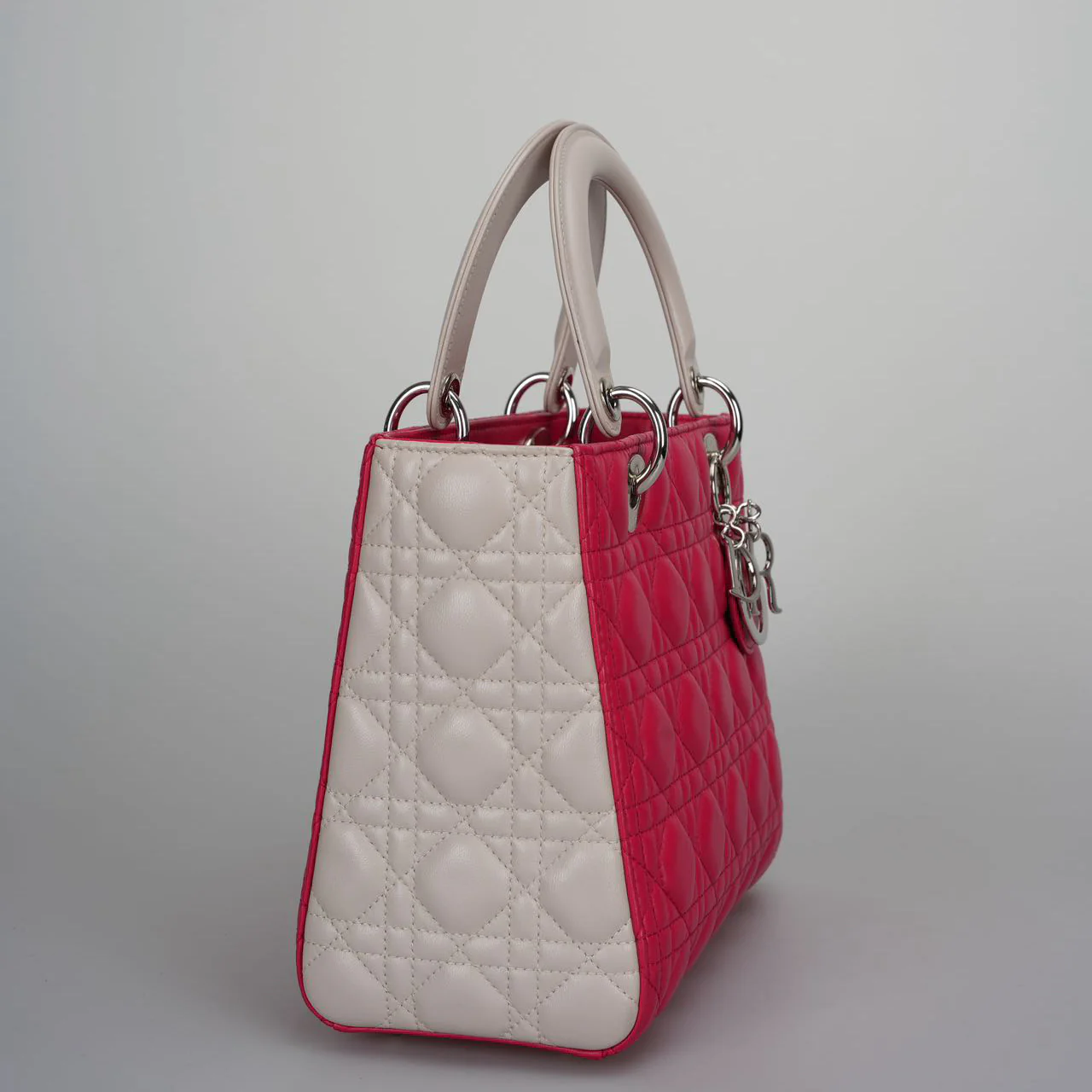 used-Christian Dior Lady Dior Bag Cannage Medium Hand Bag Lamb Skin Red White-MILOURA