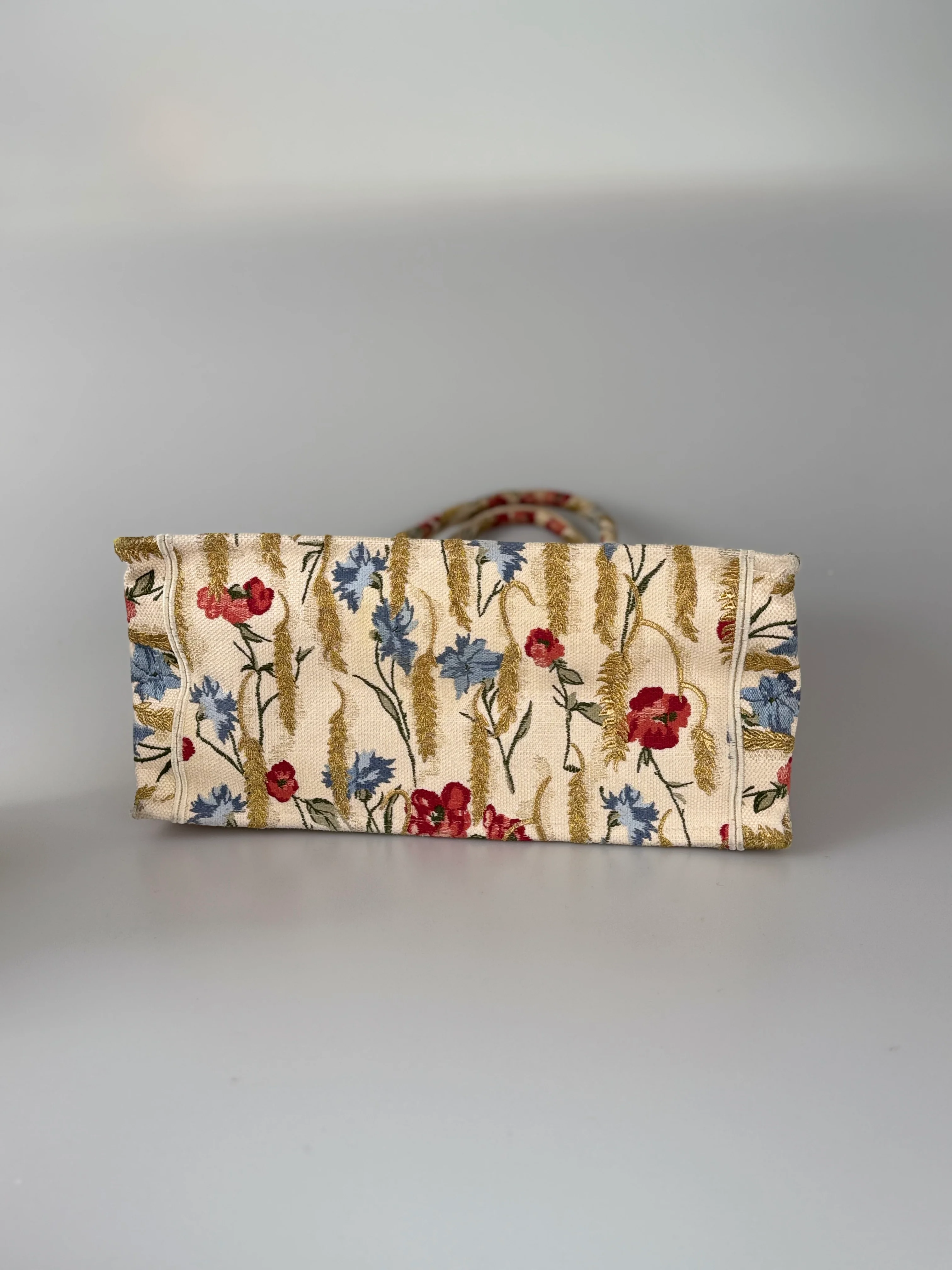 used-CHRISTIAN DIOR Beige Floral Embroidered Canvas Book Tote Medium-MILOURA