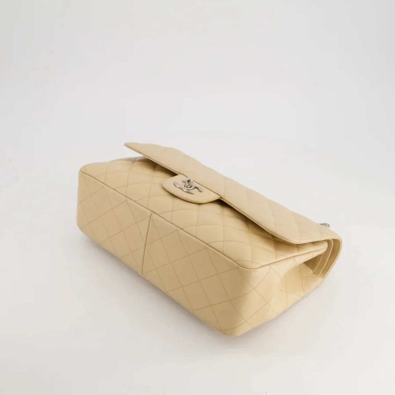 used-Chanel timeless Flap Bag Beige Jumbo size Caviar Leather with Silver Hardware-MILOURA