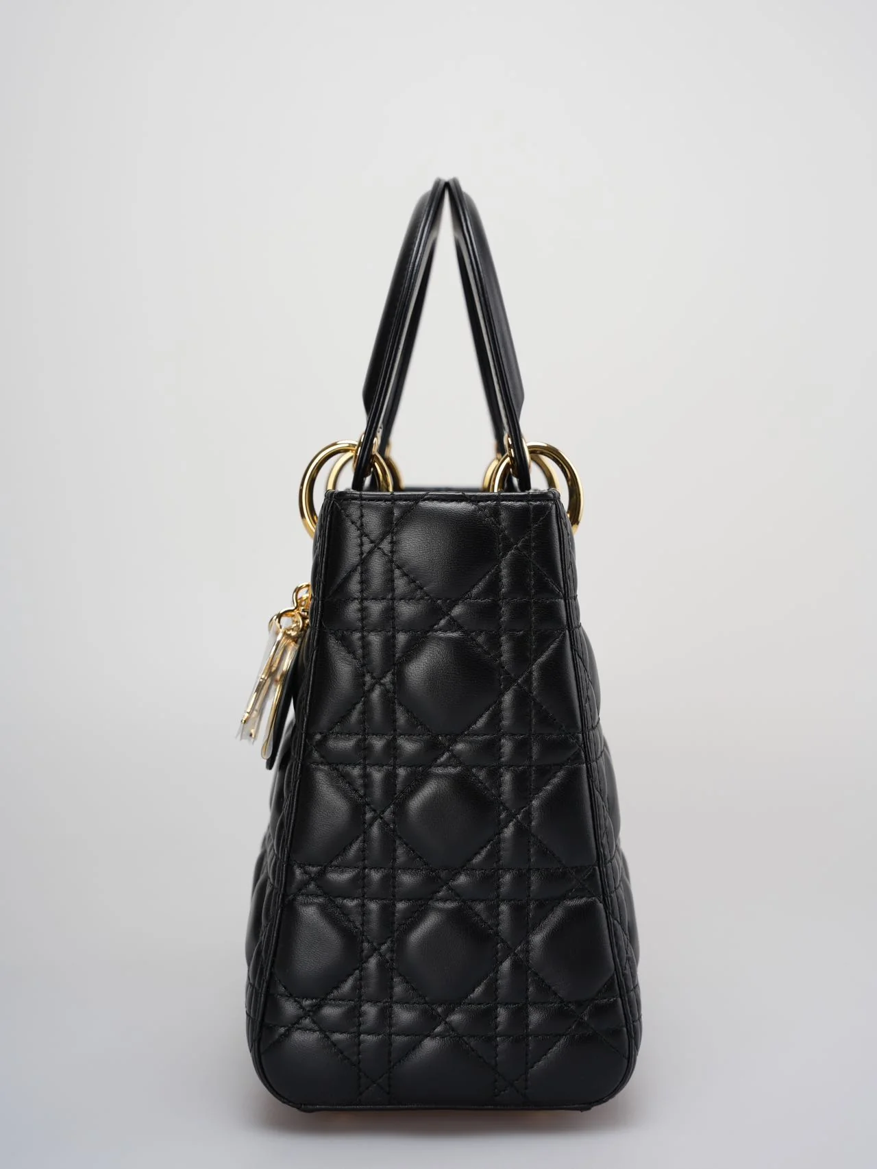 used-Christian Dior Black Lady Dior Bag Medium in Cannage Lambskin Leather with Gold Hardware-MILOURA