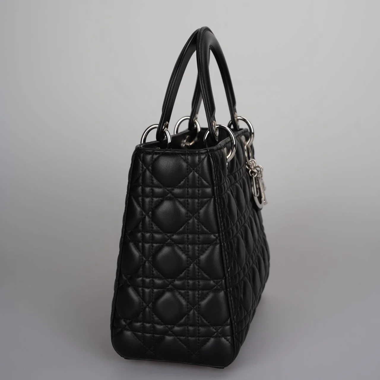 used-Christian Dior Black Medium Lady Dior Bag in Cannage Lambskin Leather with Silver Hardware-MILOURA