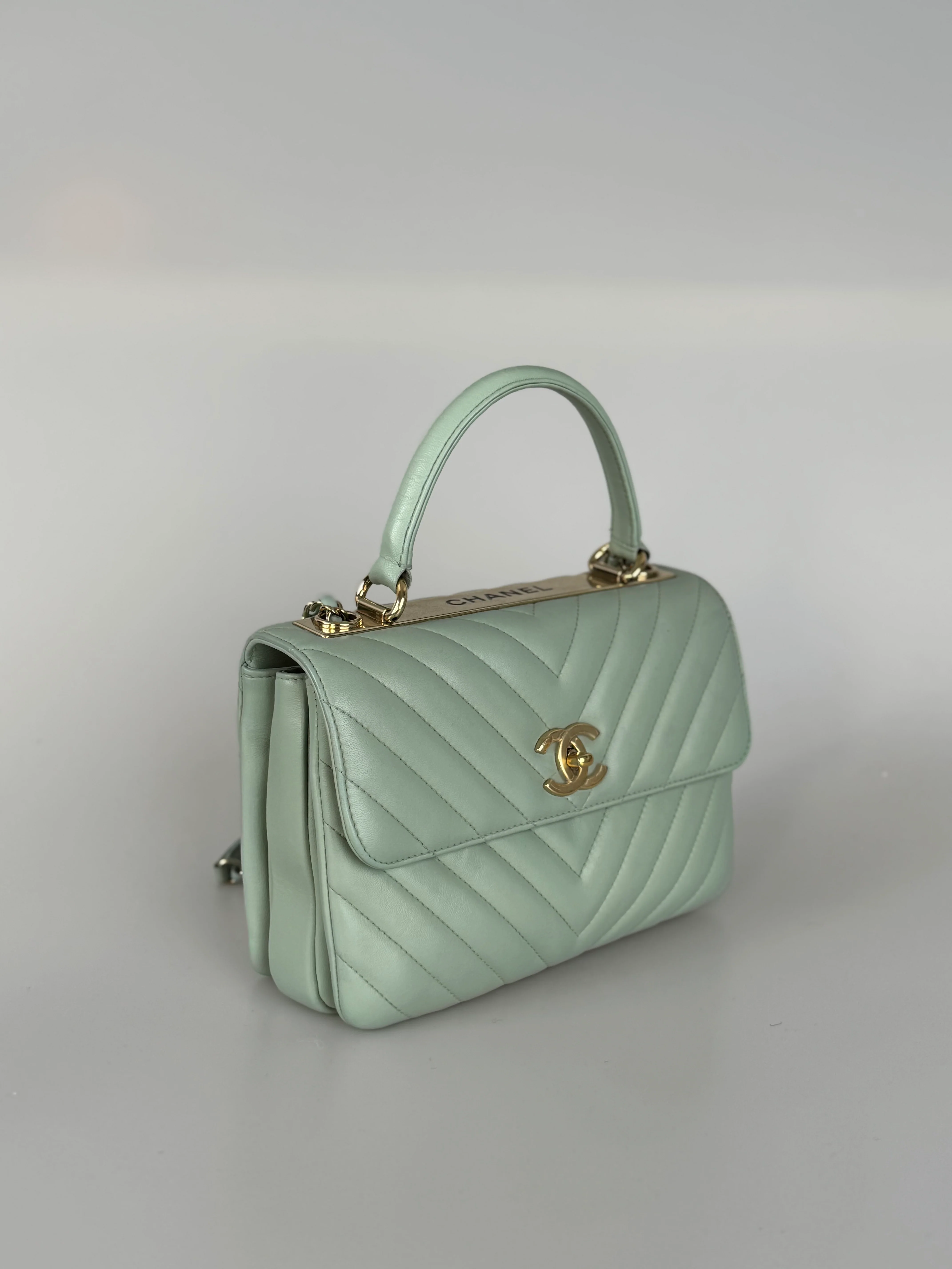used-CHANEL Lambskin Chevron Quilted Small Trendy CC Dual Handle Flap Bag Light Green-MILOURA