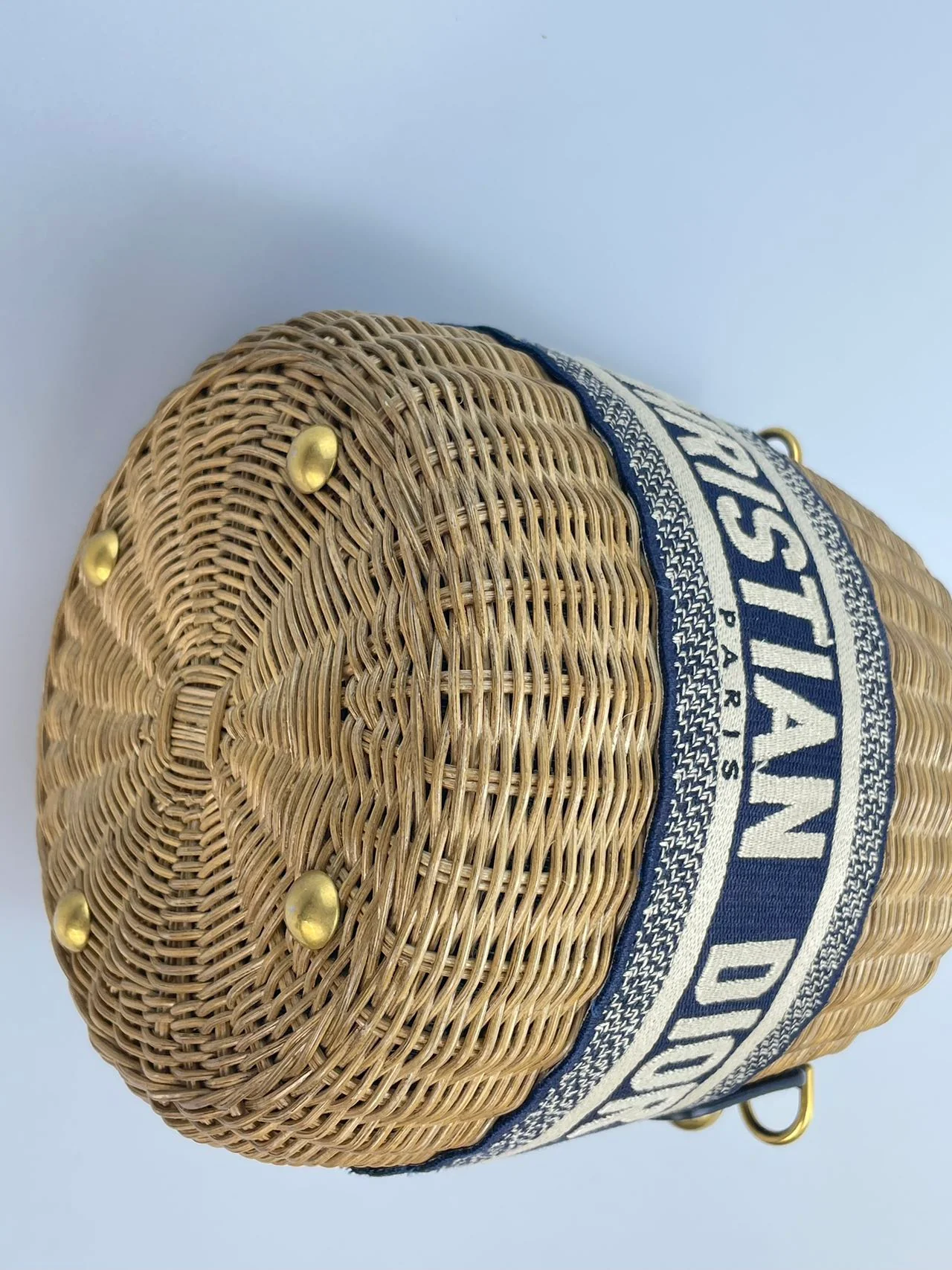 used-Dior Dioriviera Bucket Bag in Wicker and Blue Canvas With Gold Hardware-MILOURA