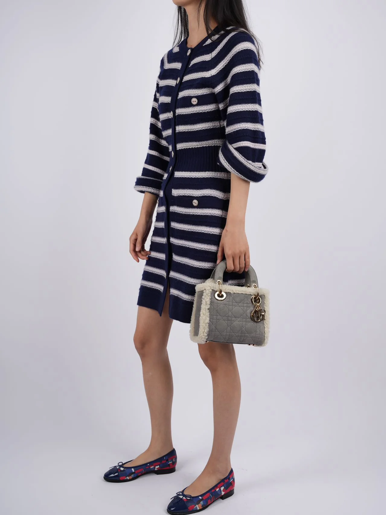 used-CHANEL cashmere Striped Dress in Navy Blue and White FR 34-MILOURA