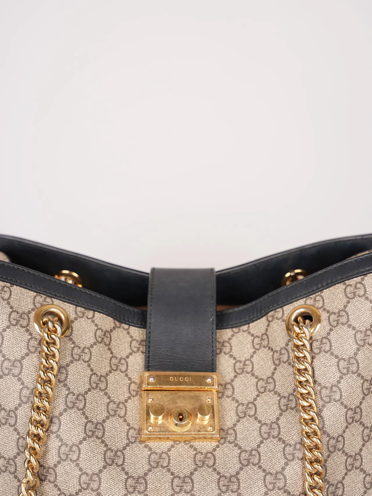 used-Gucci GG Logo Supreme Canvas Leather Padlock Tote Bag in Beige/Black in medium-MILOURA