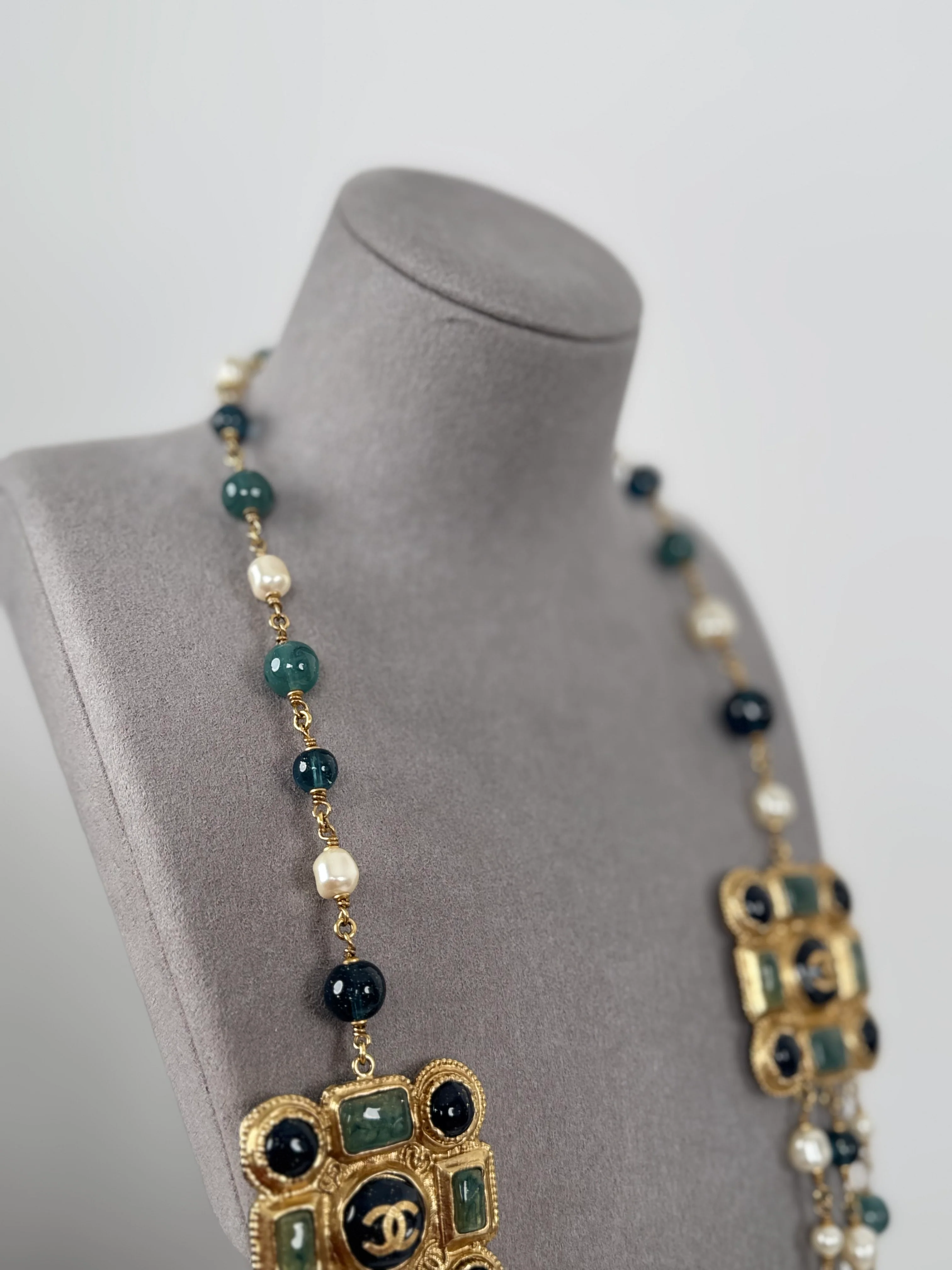 used-Chanel Blue and White Multi-Beads with Two Gold Cabochons Necklace from 2011 collection-MILOURA