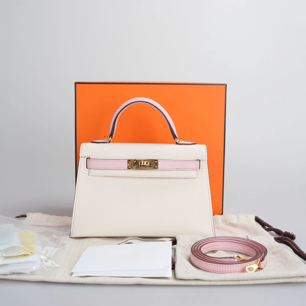 used-Hermes Mini Kelly 20cm HSS In Chèvre mysore Nata with Rose Sakura-MILOURA