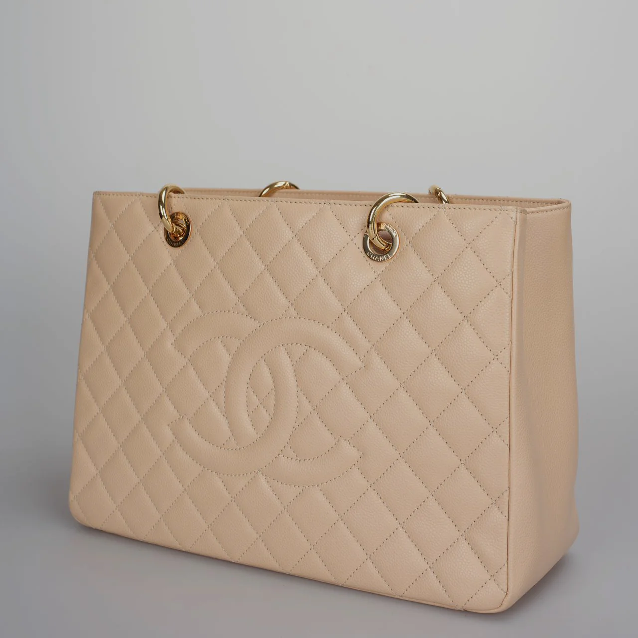 used-Chanel Beige Grand Shopping Tote GST Bag in Caviar Leather with gold Hardware-MILOURA