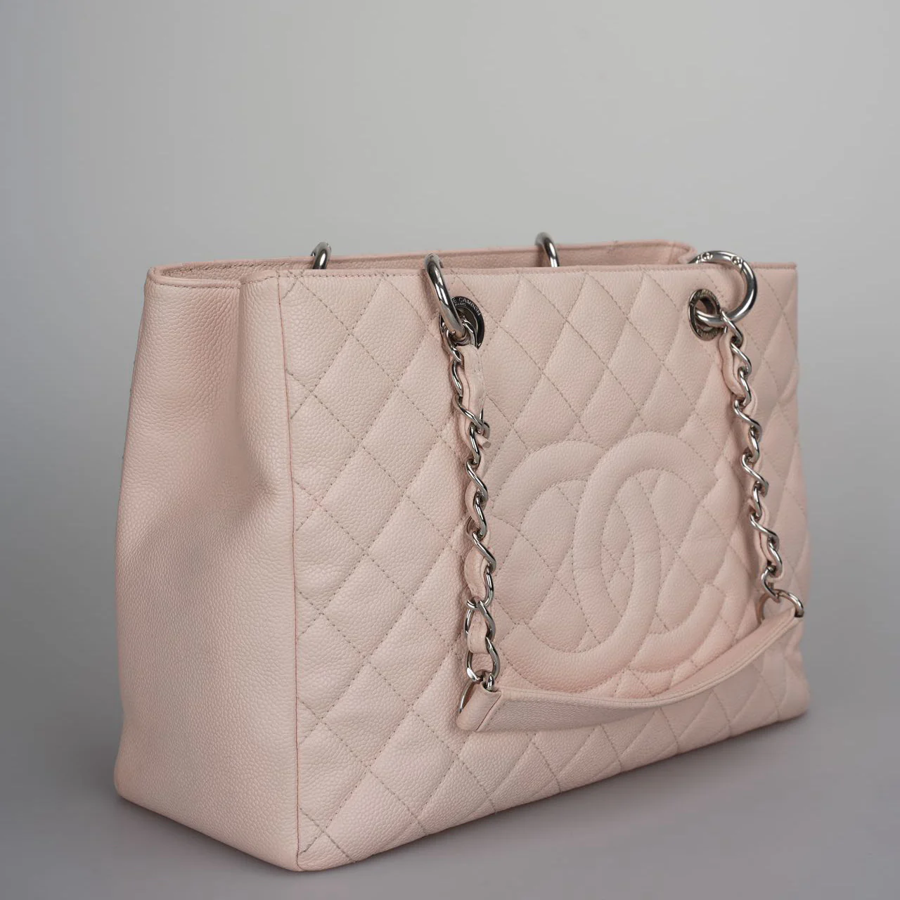 used-Chanel cherry blossom pink Grand Shopping Tote GST Bag in Caviar Leather with Silver Hardware-MILOURA