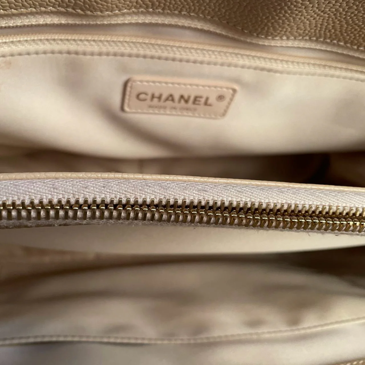 used-Chanel beige Grand Shopping Tote Beige GST Bag in Caviar Leather with Gold Hardware-MILOURA
