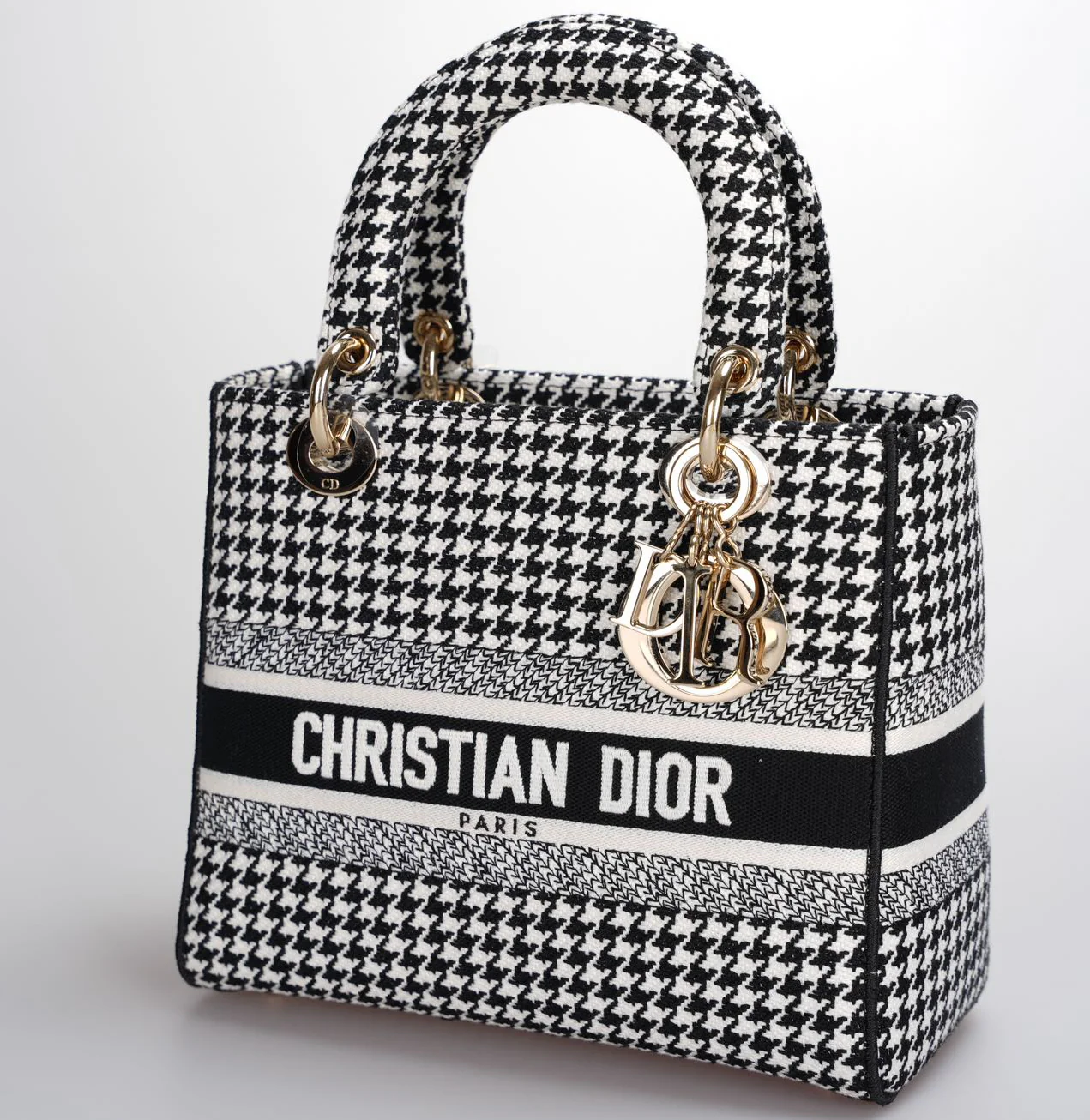 used-Christian Dior Black White Houndstooth Canvas Medium Lady D-Lite bag-MILOURA