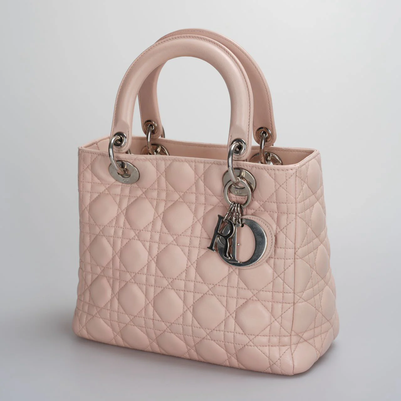 used-Christian Dior Pink Medium Lady Dior Bag in Cannage Lambskin Leather with Silver Hardware-MILOURA