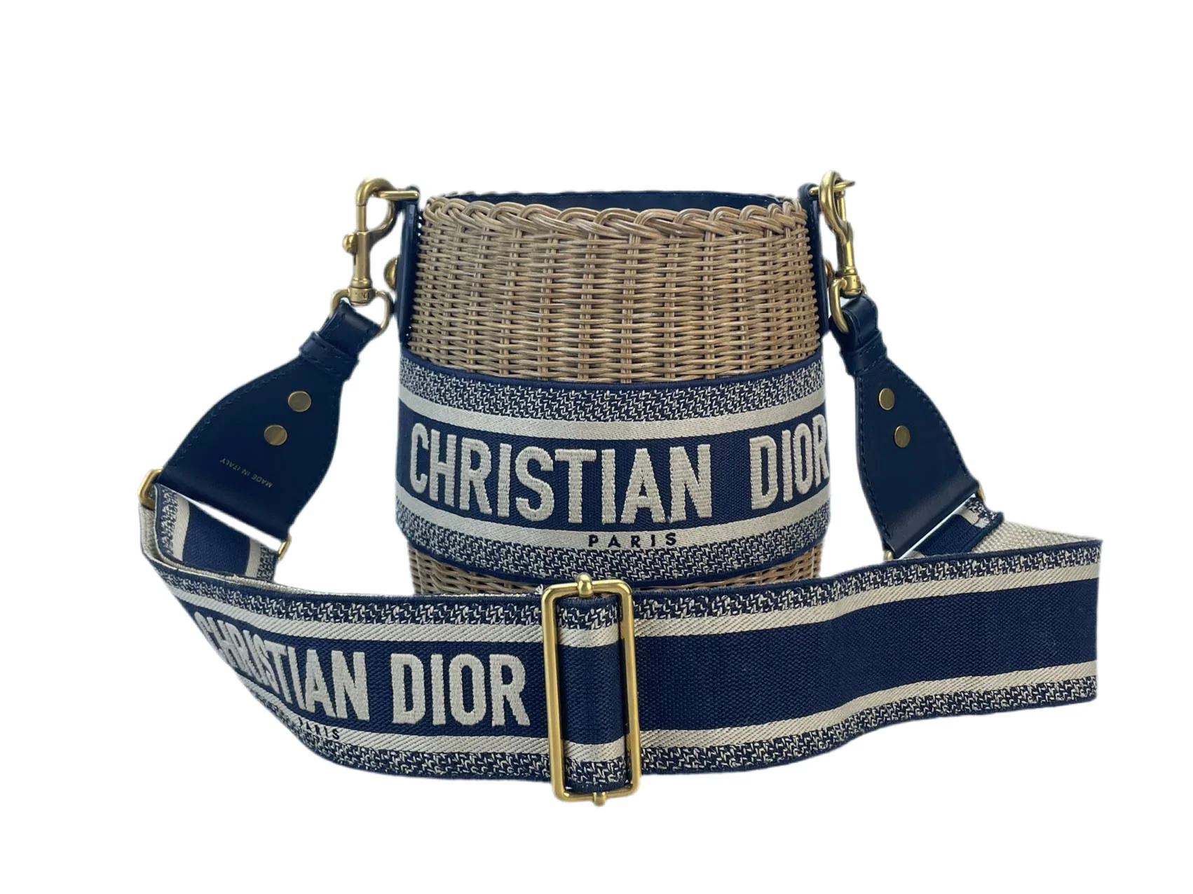 used-Dior Dioriviera Bucket Bag in Wicker and Blue Canvas With Gold Hardware-MILOURA