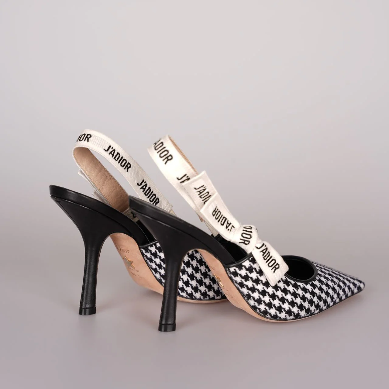 used-Christian Dior Wool Ribbon Houndstooth J'Adior Slingback 8cm Pumps 38D Black White-MILOURA