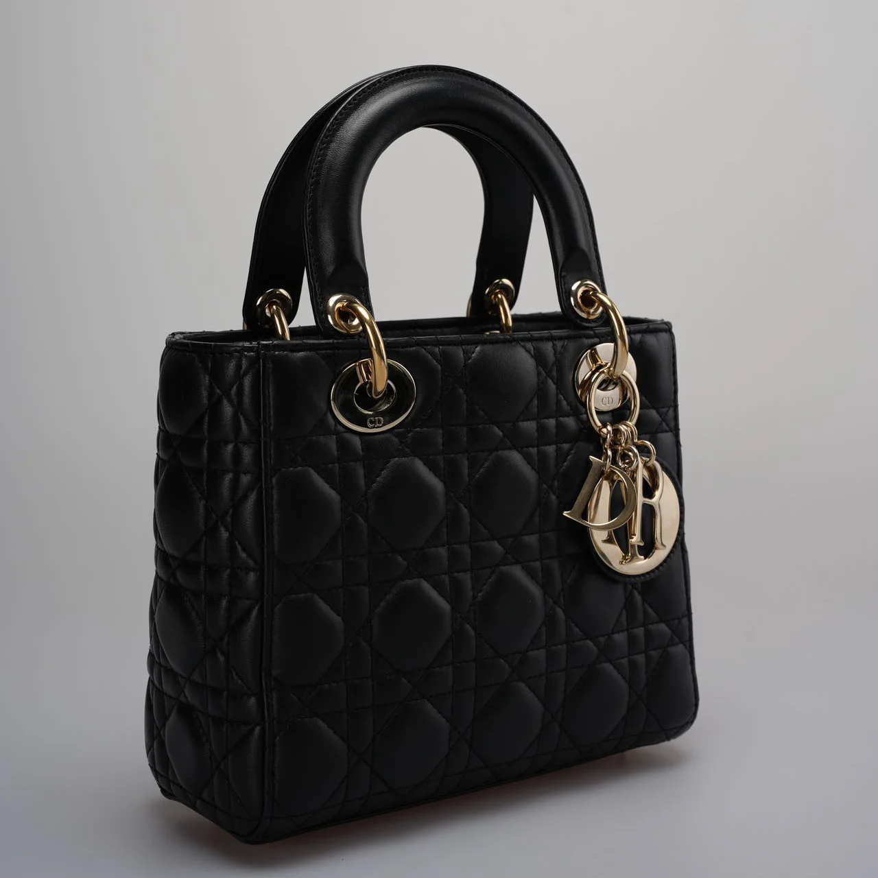 used-Christian Dior Black Small Lady Dior Bag in Cannage Lambskin Leather with Gold Hardware-MILOURA