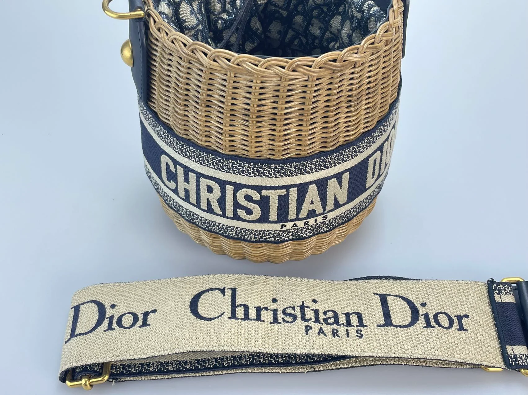 used-Dior Dioriviera Bucket Bag in Wicker and Blue Canvas With Gold Hardware-MILOURA
