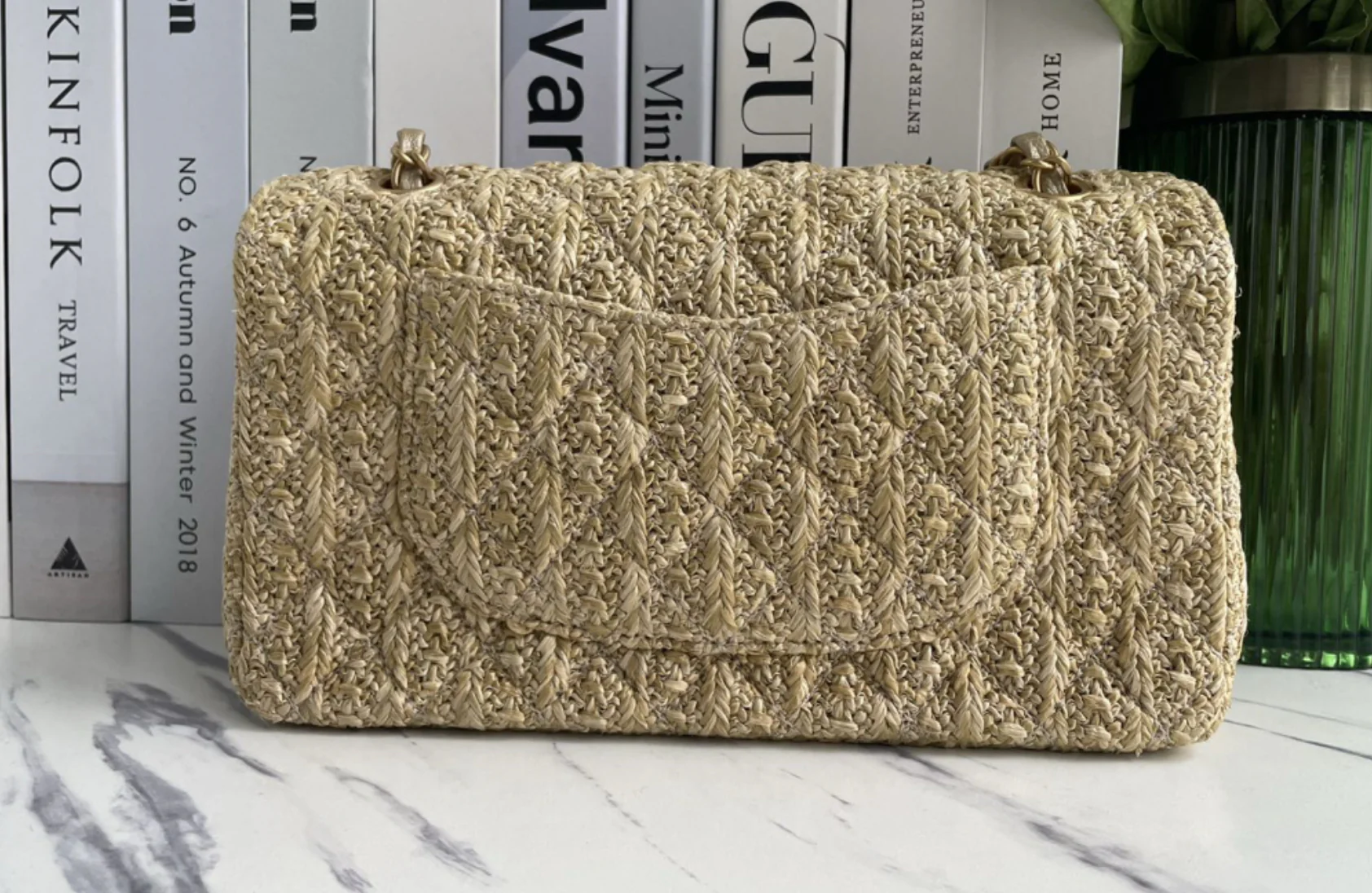 used-Chanel rare Raffia Medium Classic-MILOURA