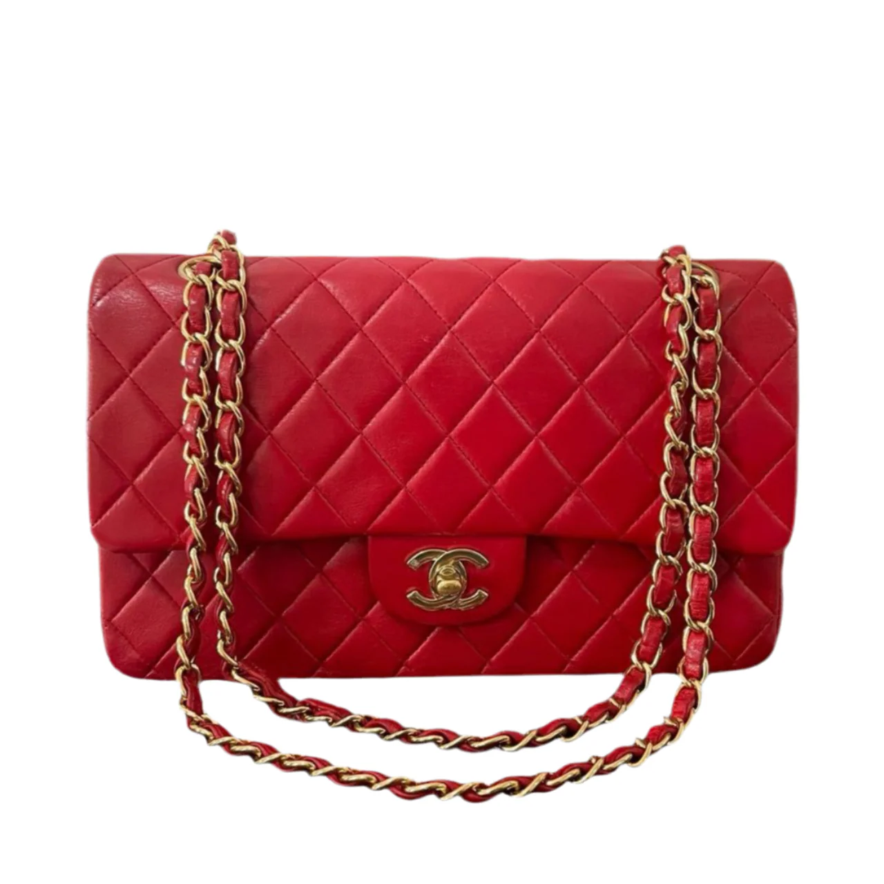 used-Chanel Red Vintage Classic Double Flap Bag Medium in Lambskin Leather 24K Gold Hardware-MILOURA