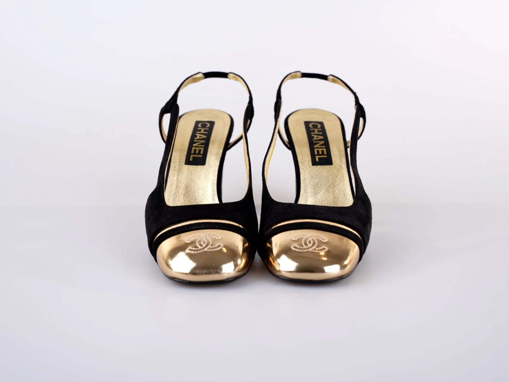 used-Chanel CC Slingback Heels Black Gold Size 37.5 EU-MILOURA