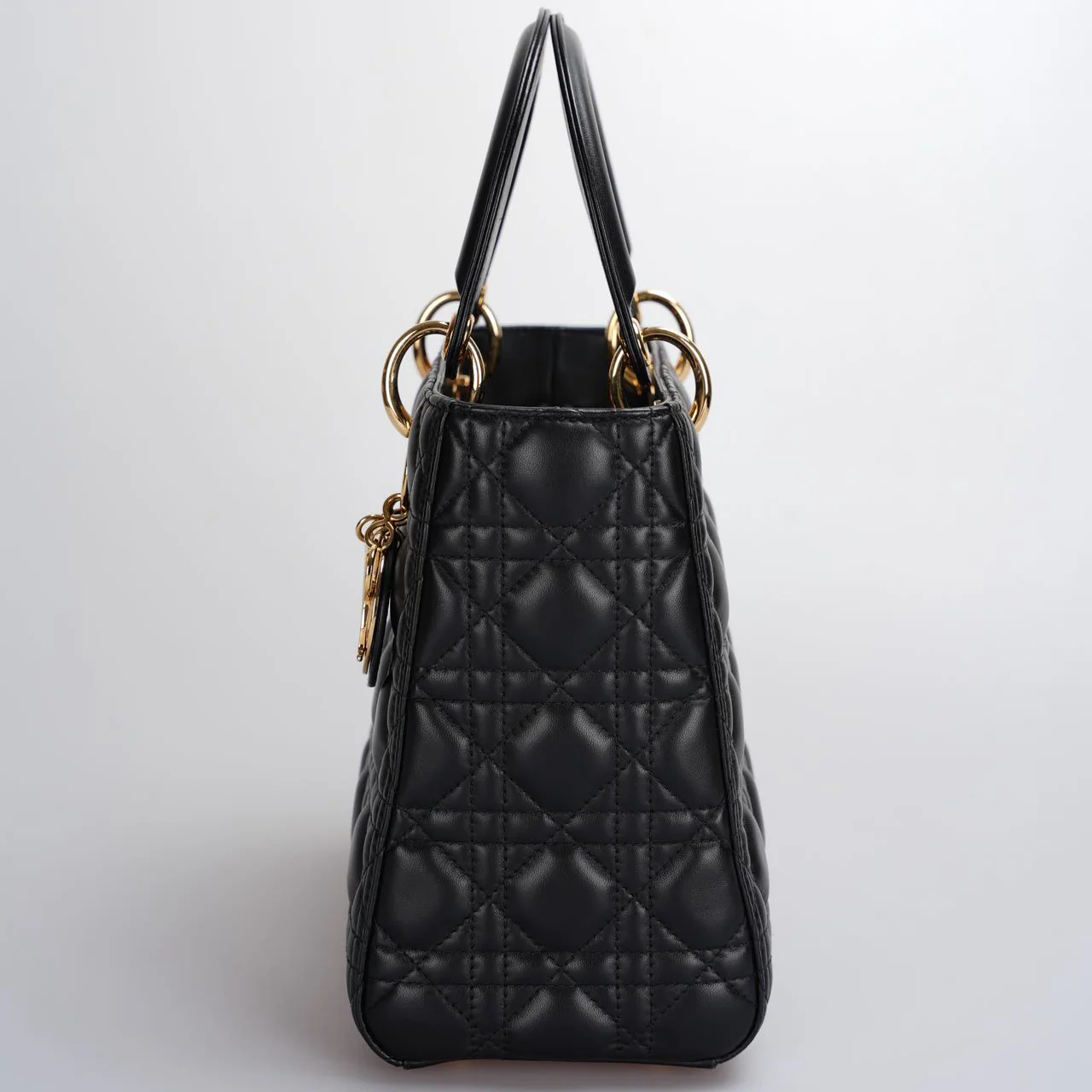 used-Christian Dior Black Medium Lady Dior Bag in Cannage Lambskin Leather with Gold Hardware-MILOURA