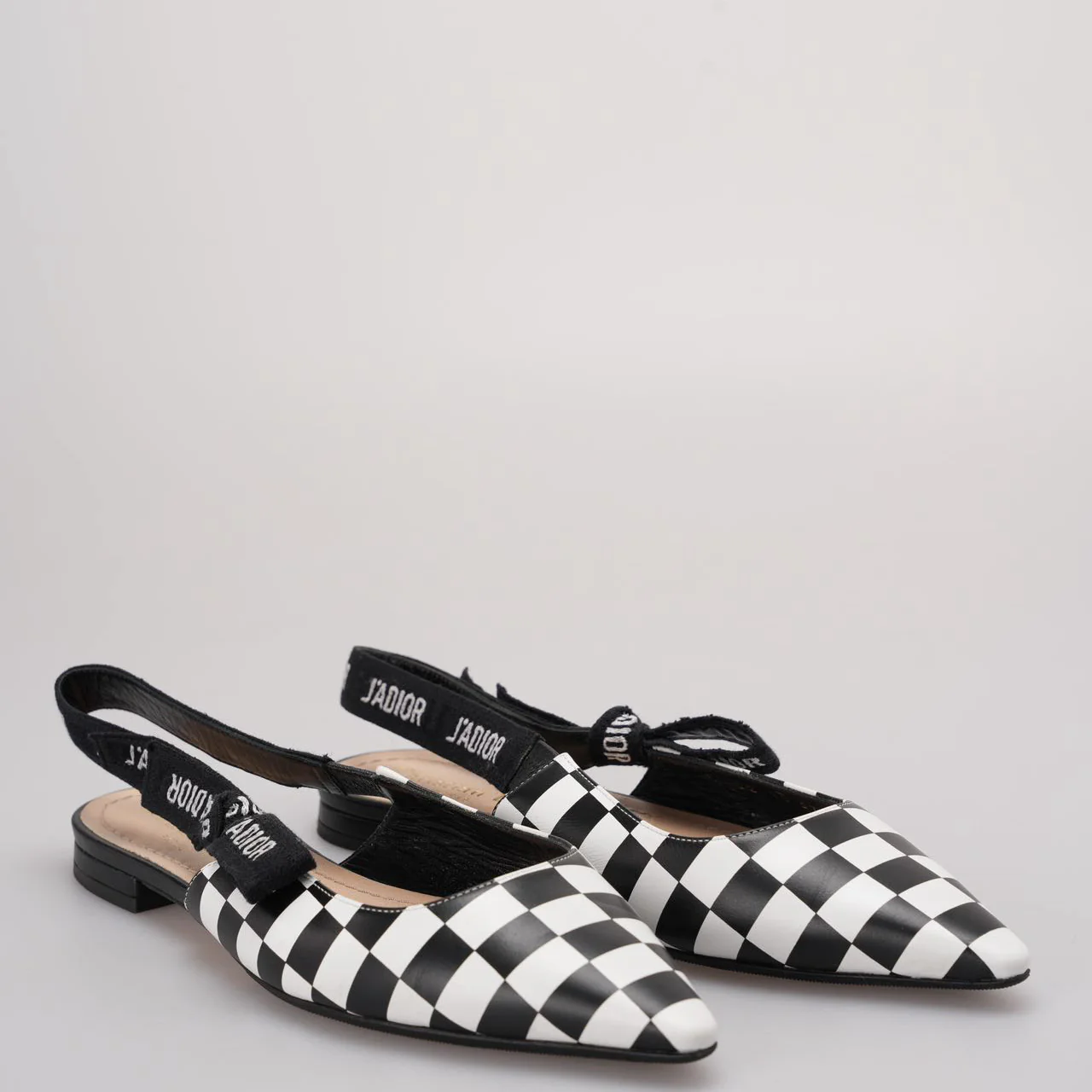 Christian Dior Calfskin Ribbon Checker Print J'Adior SlingBack Flats In Black and White Size 37